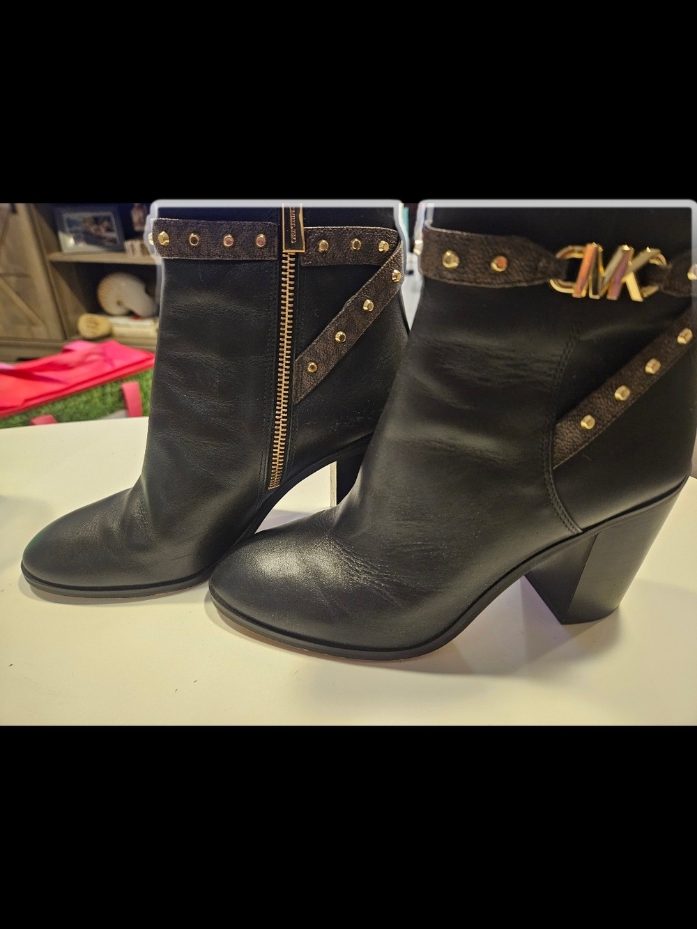 Michael Kors Black Leather Ankle Boots with Gold Hardware